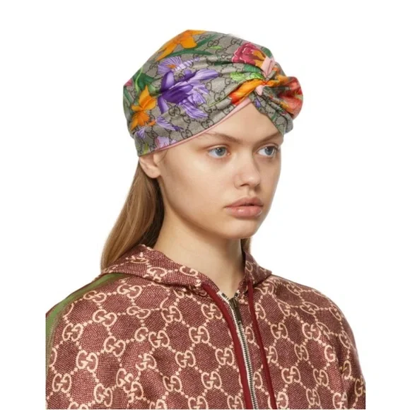 GUCCI-GG FLORA PRINT HEAD BAND-NWT Gucci Silk Monogram Flora Print Headband M Pink 1666813  main image 4